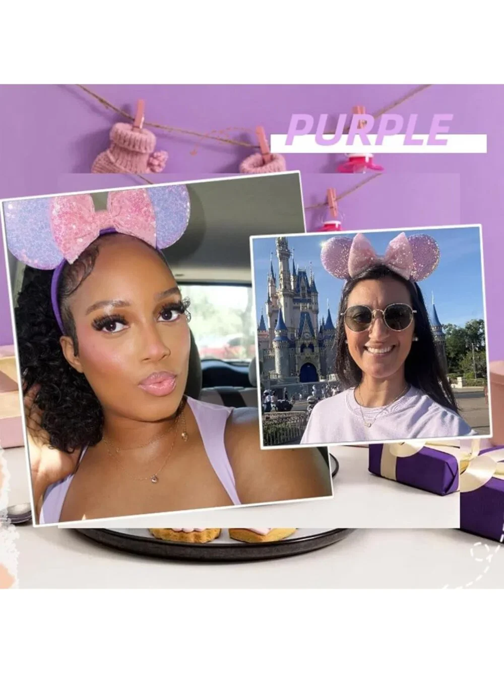 Women Purple1 Sequin Polyester Shiny Bows Mickey Mouse Headband